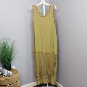 Cynthia Ashby Linen Dress Mustard Green Lagenlook Medium